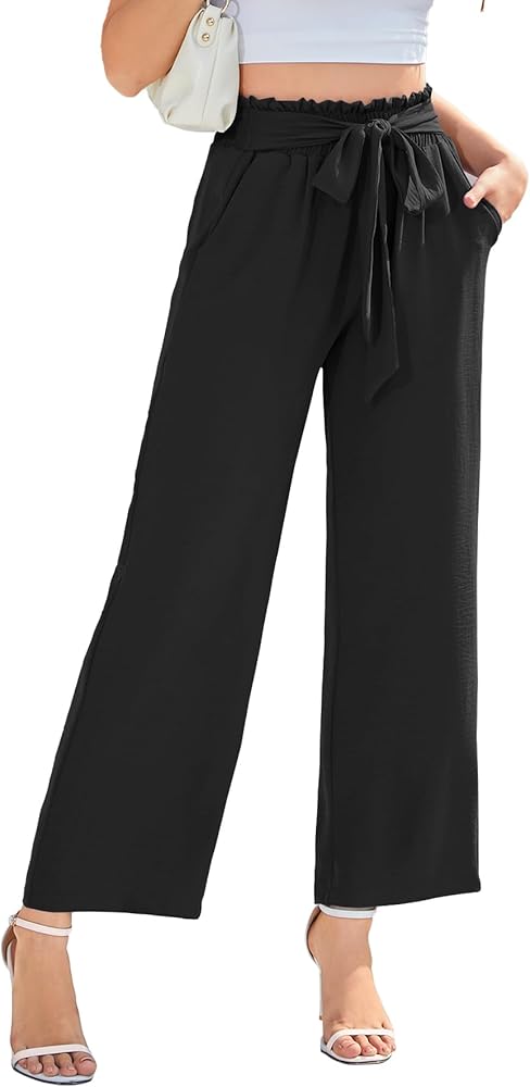 YSYOKOW Women Wide Leg Casual Pants Trendy High Waisted Adjustable Tie Knot Loose Trouser with Pockets