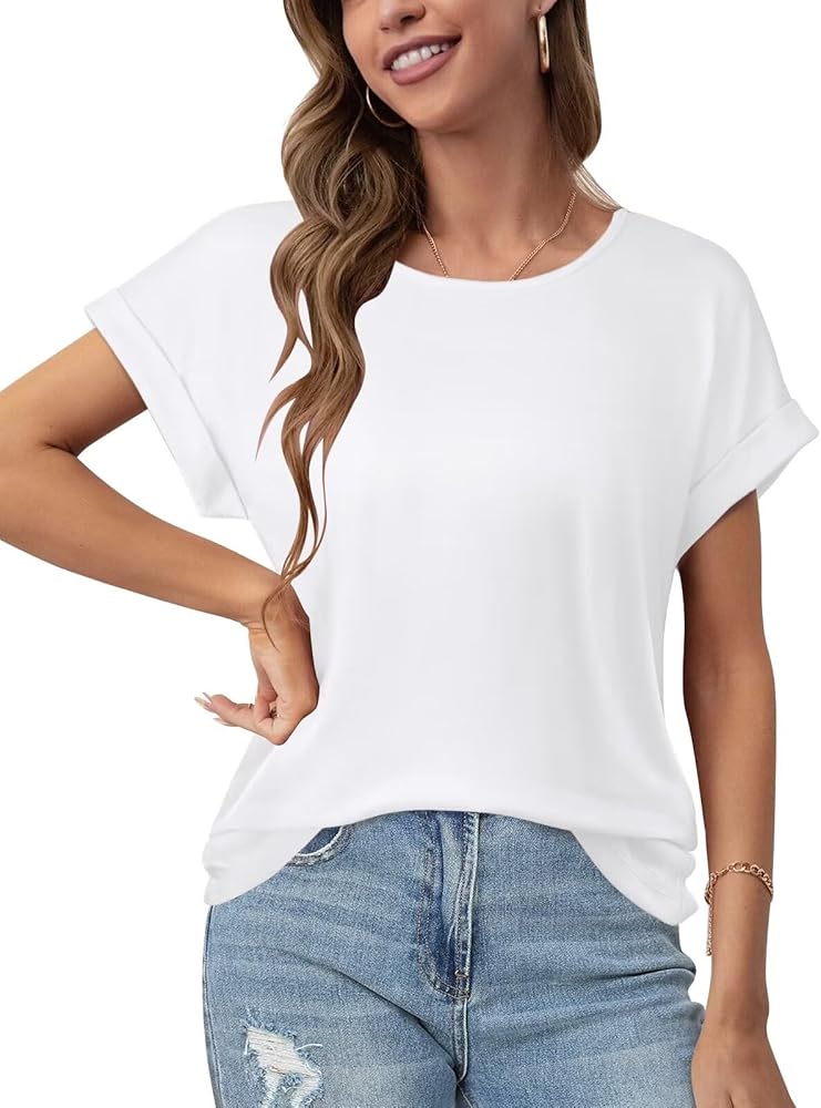 Bliwov Womens Tops Oversized T Shirts Rolled Short Sleeve Blouse 2024 Loose Summer Spring Fashion Clothes Basic Casual Tee,White,M