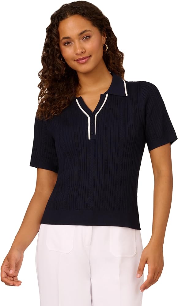 Adrianna Papell Women's Open V-Neck Polo Mix Rib Cable Sweater with Short Sleeves