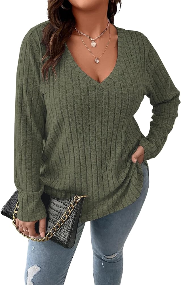 Koscacy Women Plus Size Casual Knit Sweater V Neck Solid Color Tops Lightweight Long Sleeve Blouses