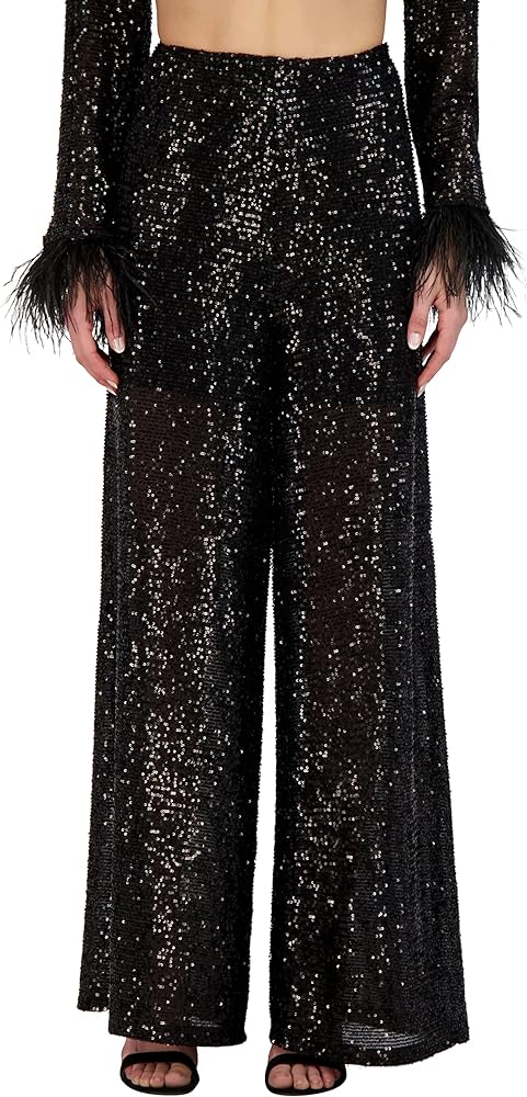 BCBGeneration Women's Sequin Wide Leg Pant Elastic Waistband Trouser