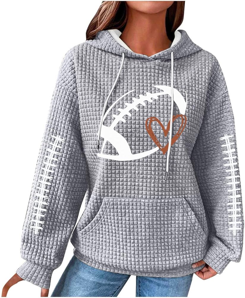 ZDRZK Sweatshirts For Women Cute Football Graphic Waffle Casual Drawstring Hoodies Loose Long Sleeve Pullover With Pocket