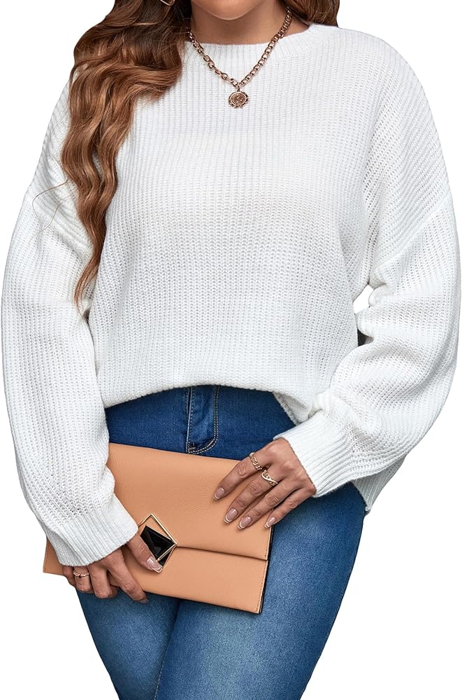 SOLY HUX Women's Plus Size Crewneck Long Sleeve Drop Shoulder Sweater Oversized Pullover Top