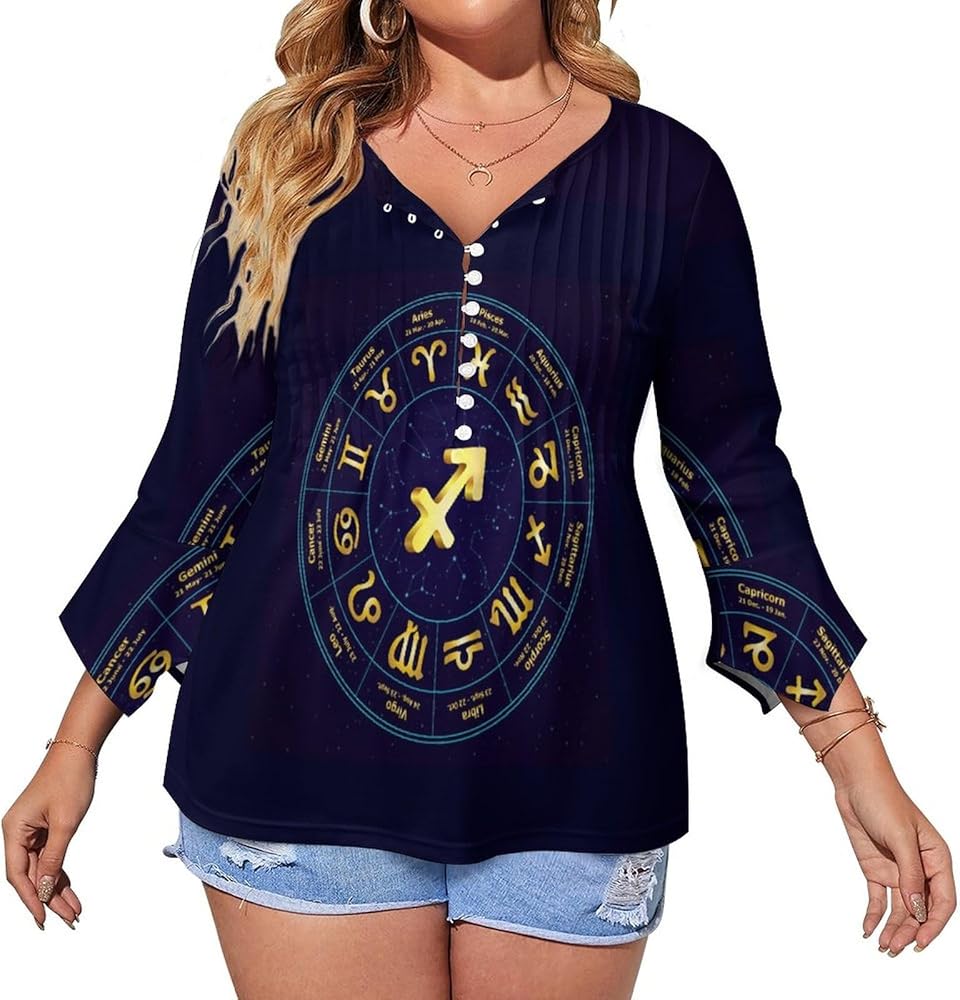 Sagittarius in Circle Cute Womens T-Shirts 3/4 Sleeve Button Down Tee Tops Blouse Summer Beach