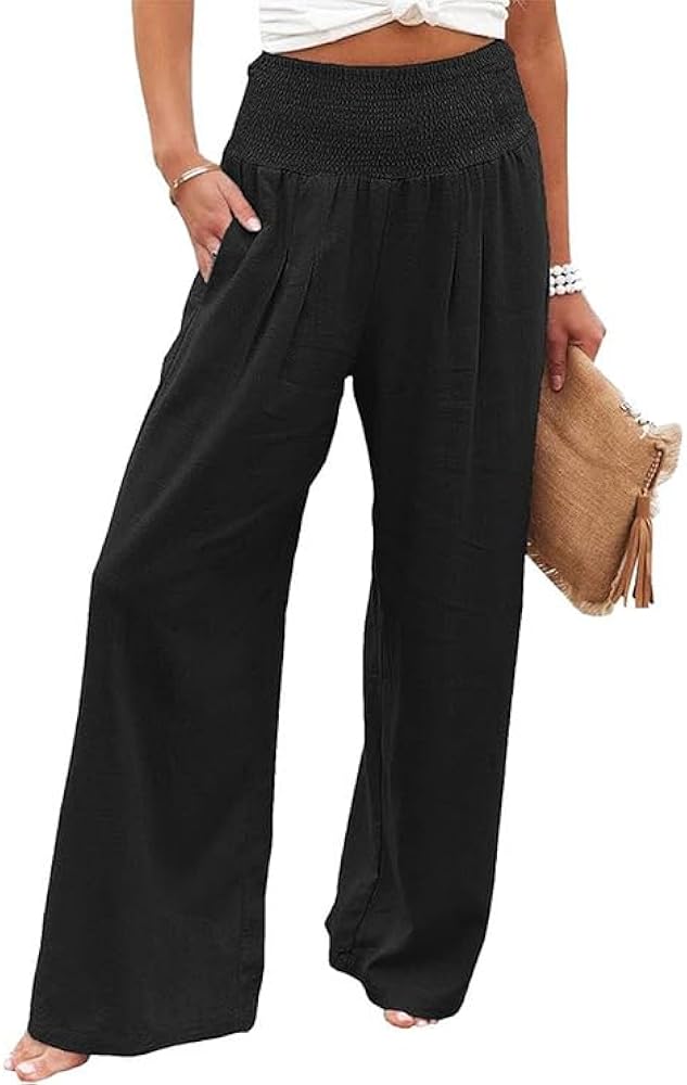 Women Linen Palazzo Pants:High Waisted Wide Leg Pants-Summer Flowy Elastic-Drawstring Casual Boho Pants with Pockets