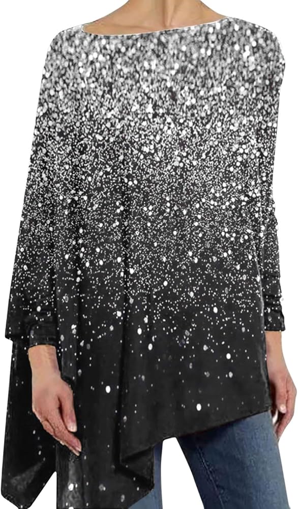 Sequin Tops for Women Plus Size Gradient Color Sparkly Print T Shirt Loose Fit Irregular Long Sleeve Pullover Blouse