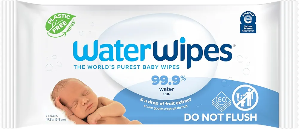 WaterWipes Plastic-Free Original 99.9% Water Based Wipes, Unscented & Hypoallergenic for Sensitive Skin, 60 Count (1 pack)