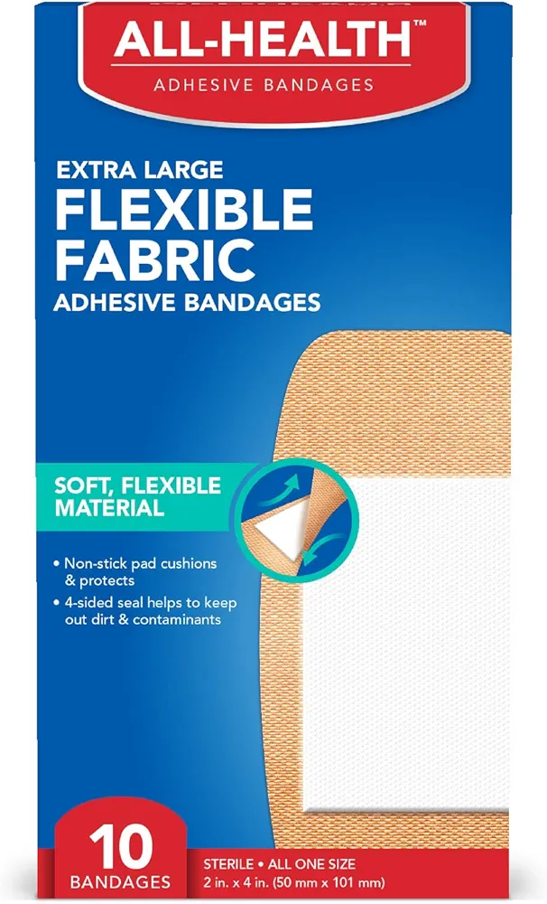 All Health Flexible Fabric Adhesive Bandages, XL 2 in x 4 in, 10 ct | Extra Large Flexible Protection for First Aid and Wound Care