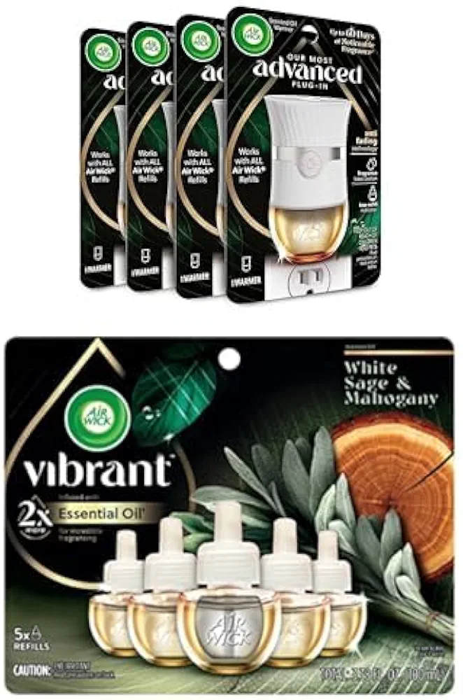 Bundle of Air Wick Advanced Plug In Scented Oil Warmer, Advanced Gadget(Pack of 4, Gadget Only, Refills Sold Separately) + Air Wick Plug in Scented Oil Refill, 5ct, White Sage & Mahogany