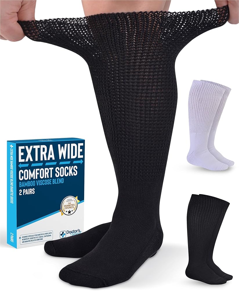 Doctor's Select 2 Pairs Extra Wide Socks for Swollen Feet - Bamboo Viscose Lymphedema Socks | Diabetic Bariatric Socks