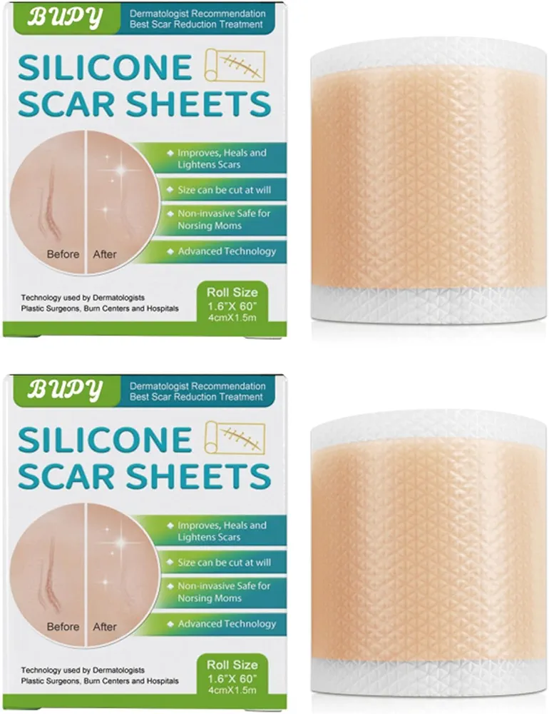 2 Boxes Silicone Scar Sheets (1.6"x 60’’ Roll-1.5M)，Silicone Scar Tape Patches for Scar Removal，Silicone Reusable Scar Strips Suitable for All Type of Scars