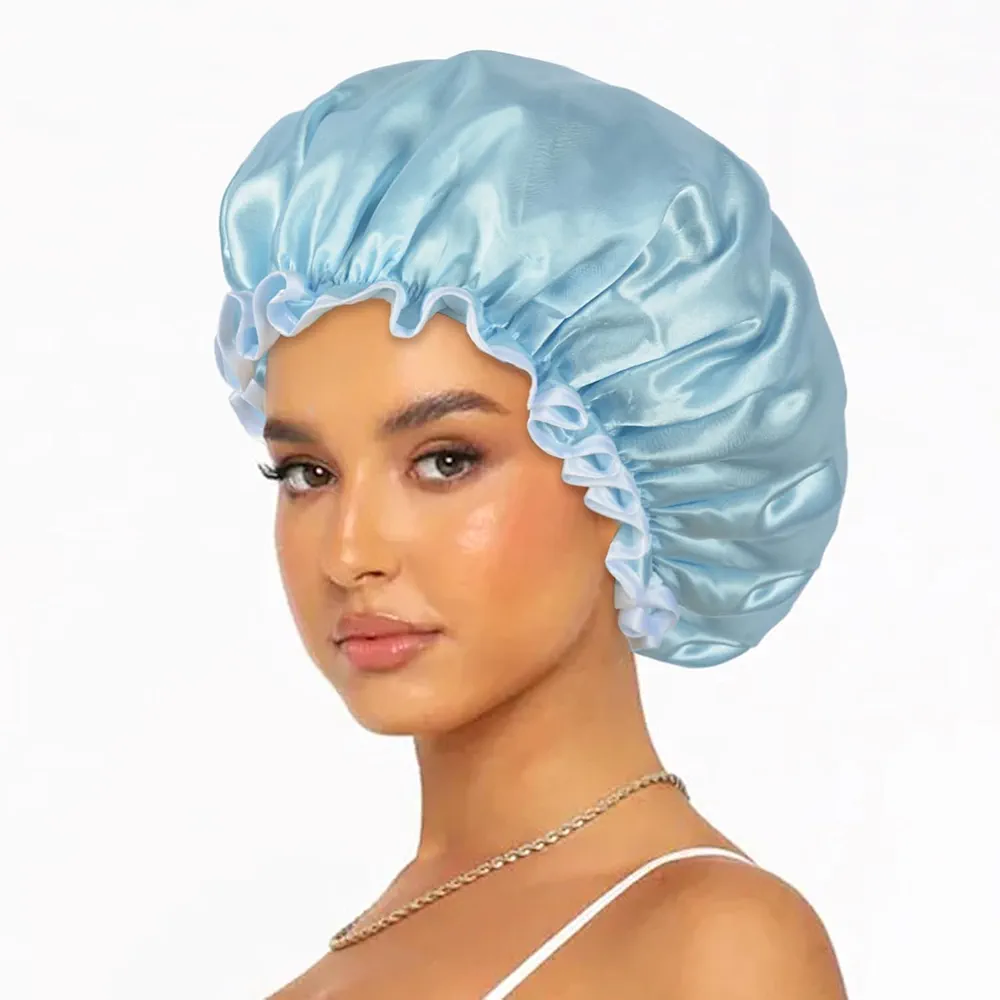 Shower Caps for Women Reusable Waterproof Extra Large Adjustable Shower Cap Double Layer Light Bule Reusable Bath Hair Caps Oversized Design for All Hair Lengths