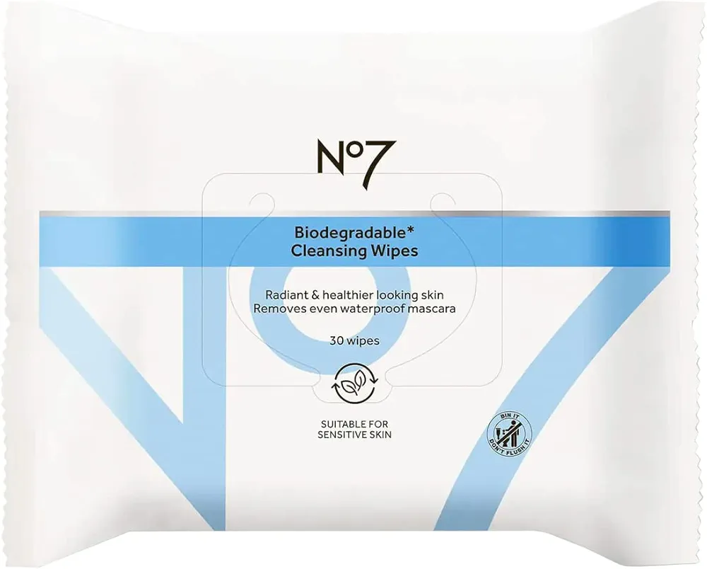 No7 Biodegradable Cleansing Wipes - Waterproof Mascara & Makeup Remover Wipes - Vitamin B5 + Witch Hazel & Fennel Extract Facial Cleansing Wipes for Revitalized Radiant Skin (Dual Pack, 60 Wipes)