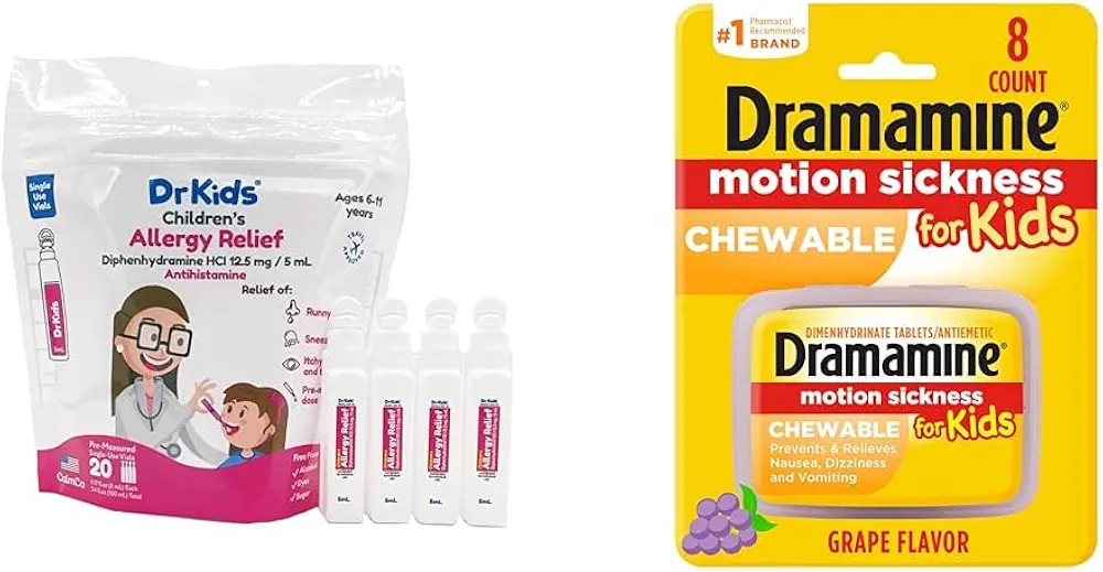 Dr. Kids Children's Allergy Relief, 20 Vials & Dramamine Kids Motion Sickness Relief, Grape, 8 Count