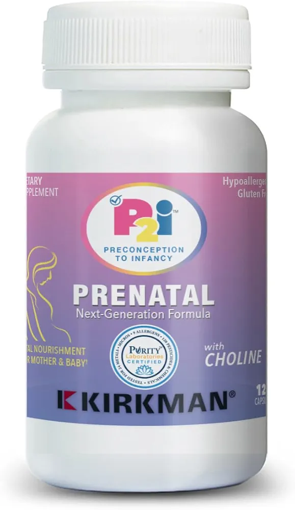 Kirkman P2i Prenatal Vitamins for Women, Multivitamin with Choline, 120 Capsules, Vital Daily Nutritional Support for Healthy Mother & Baby, OBGYN Formulated & Endorsed, Hypoallergenic & Gluten-Free