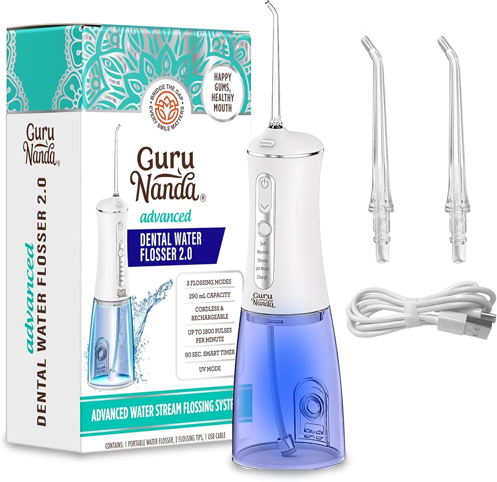 GuruNanda Advanced Dental Water Flosser 2.0 with UV Mode - Cordless and Portable - 290 ml Water Tank, 3 Modes, Rechargeable for Healthy Teeth and Gums