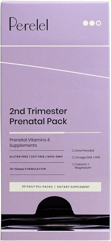 Perelel 2nd Trimester Prenatal Pack - Daily Pregnancy Vitamins - Omega DHA Prenatal Vitamins, Calcium + Magnesium Supplements for Women - Soy-Free Non-GMO Women's Vitamins (30 Pill Packs)