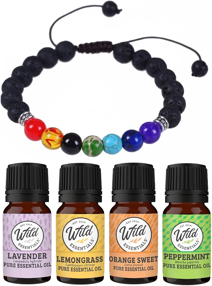 Wild Essentials 7 Chakras Lava Stone Essential Oil Diffuser Bracelet, Adjustable, Aromatherapy Jewelry Gift Set and 100% Pure Oils (Lavender, Lemongrass, Orange and Peppermint)