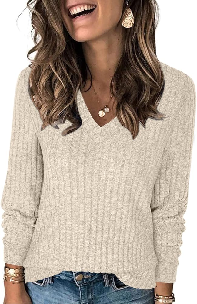 RUBZOOF Sweaters for Women Fall Fashion 2024 Casual V-Neck Long Sleeve Tunic Tops