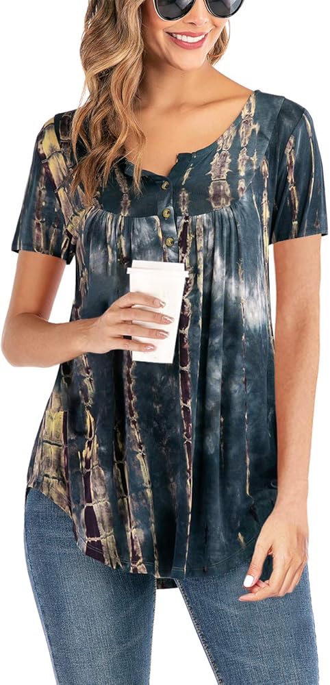 AMCLOS Womens Tie-Dye Tops V Neck Soft T-Shirts Flowy Pleats Tunic Button up Casual Blouses Summer Short Sleeve