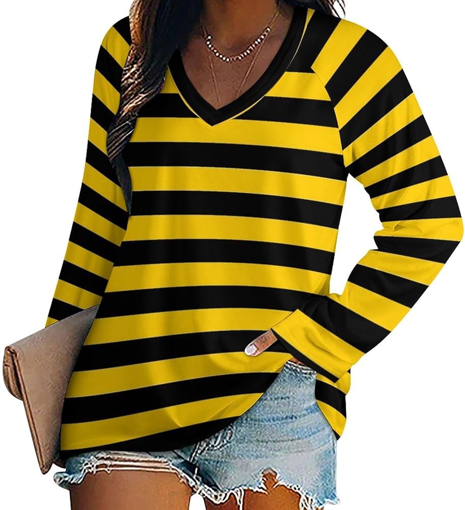 Bumblebee Stripes Loose Womens Shirts Long Sleeve Tees Tops Casual V-Neck Graphic Blouses