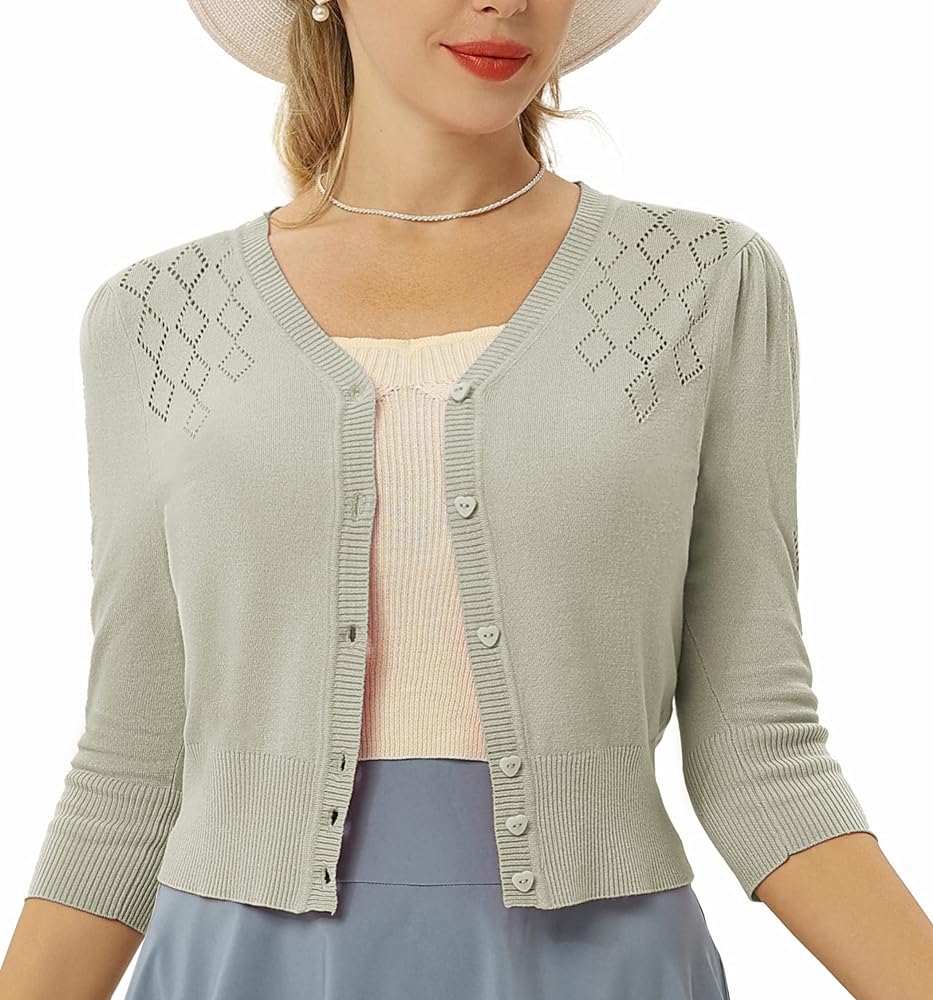 Belle Poque Women's 3/4 Sleeve Cropped Cardigan Vintage V-neck Button Down Sweaters Open Front Bolero Shrug Knit Top