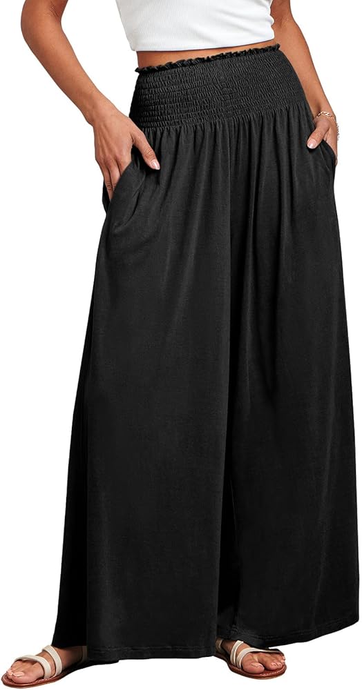 ANRABESS Women Palazzo Pants Summer Boho Bagyy Wide Leg High Smocked Waist Casual Loose Lounge Pant with Pocket