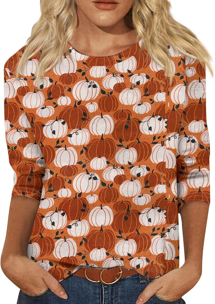 Halloween Costumes for Women 3/4 Sleeve Round Neck Graphic Tunics Printed Blouses Casual Tees Trendy Clothing Loose Shirts