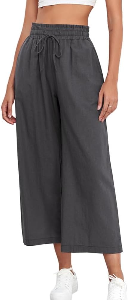 REDMORE High Waisted Linen Pants for Women Summer Wide Leg Capris Lightweight Casual Drawstring Trousers Palazzo Pants