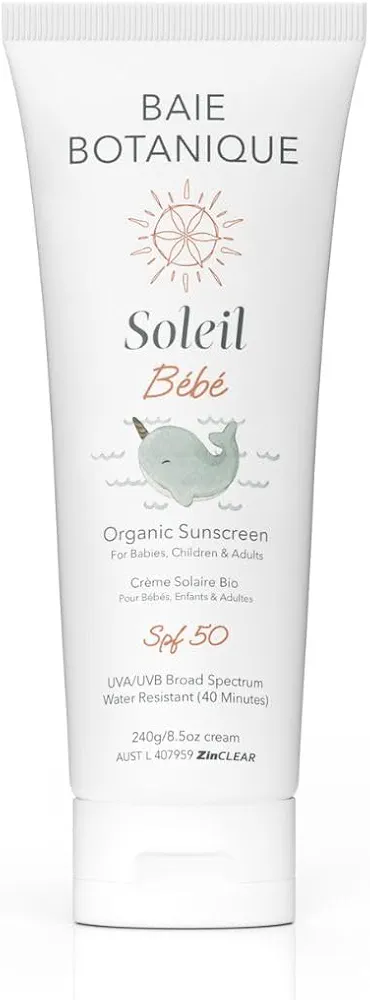 NEW - Baie Botanique Soleil Bébé Tube - Organic Non-Toxic Mineral Baby & Children Sunscreen SPF 50 - Sunflower & Jojoba - Unscented - Natural - Vegan - No White Cast - Reef Safe - UVA/UVB - 240g