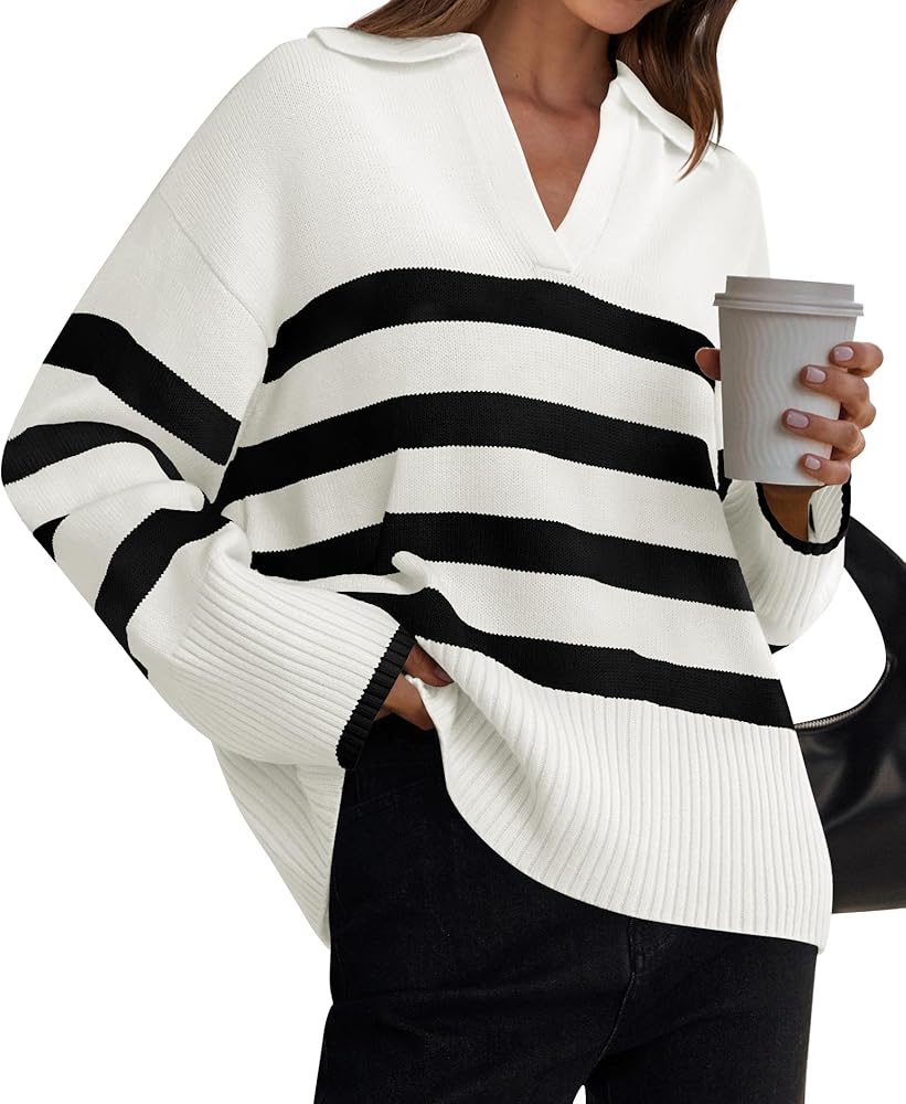 ZESICA Women's 2024 Winter Sweaters Lapel V Neck Long Sleeve Striped Chunky Knit Oversized Pullover Sweater Jumper Tops