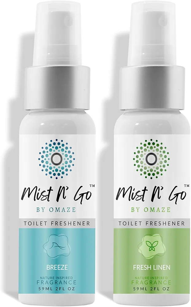 Mist N’ Go by Omaze Travel Bathroom Spray for Toilet Spray Odor Eliminator - Travel Toilet Spray for Bathroom Air Freshener Spray for Bathroom Deodorizer - Clean Mix, Regular Size (2oz x2)