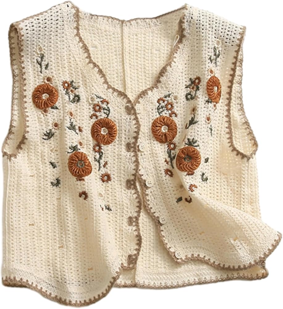 Womens Floral Print Sweater Vest Sleeveless V Neck Vintage Button Front Cardigan Crochet Crop Knit Tank Top