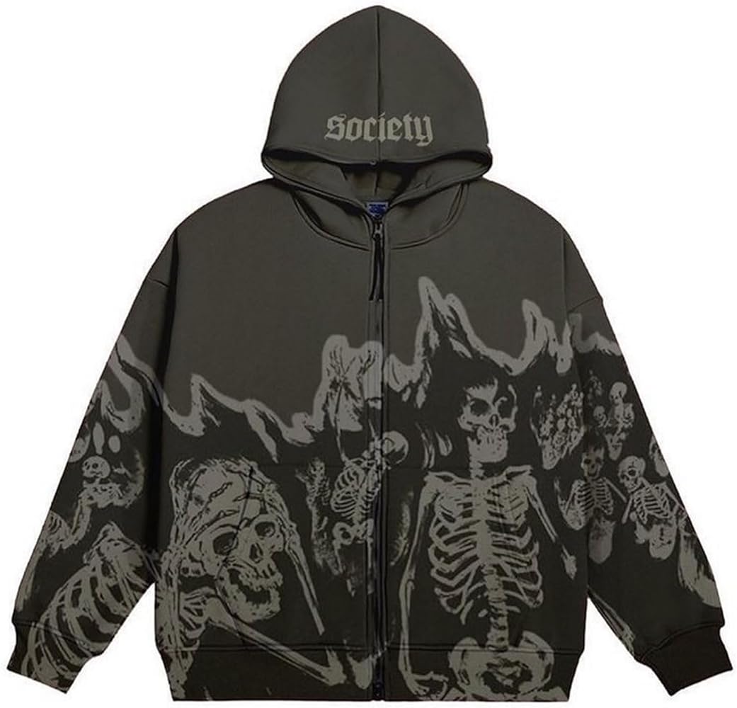 FantasyGears Y2k Zip Up Hoodie Vintage Skeleton Jaket Streetwear Gothic Sweatshirt Harajuku Zipper Hoodies