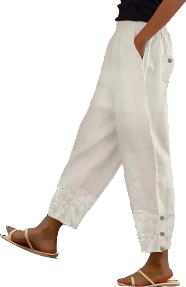 Womens Linen Pants with Pockets High Waist Comfy White Summer Pants Lightweight Loose Trousers