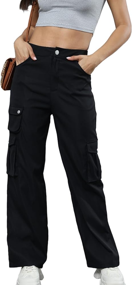 Women's Straight Wide Leg Cargo Pants Elastic High Waist Casual Baggy Pants Y2K Work Trouser with Pockets