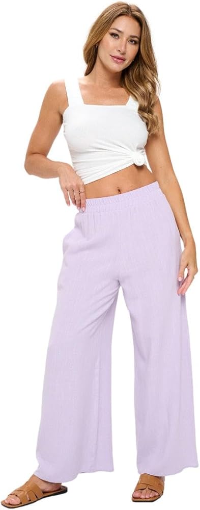 Women Wide Leg Linen Palazzo Pants Regular Waist Boho Flowy Pants with Pockets for Summer Beach Travel Trousers - Made in USA