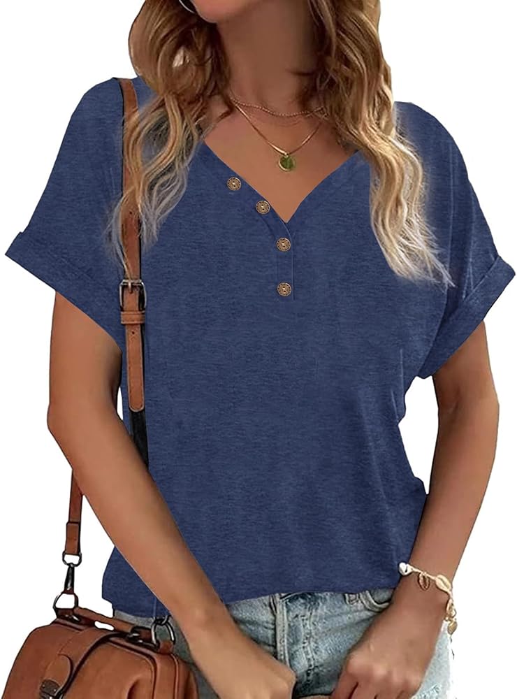 Womens T Shirts V Neck Button Down Tops Casual Summer Short Sleeve Tees Loose Fit Tops Blouses