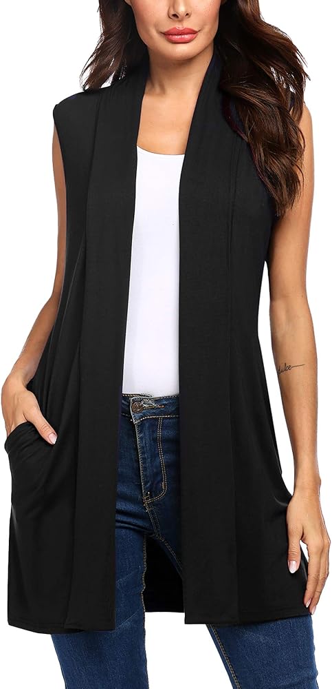 Beyove Womens Long Vests Sleeveless Draped Lightweight Open Front Cardigan Layering Vest with Side Pockets