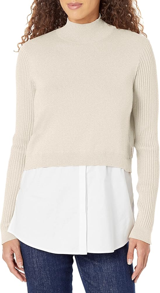 Calvin Klein Womens Long Sleeve Mixed Media TWOOFER,Mocha Heather,Small