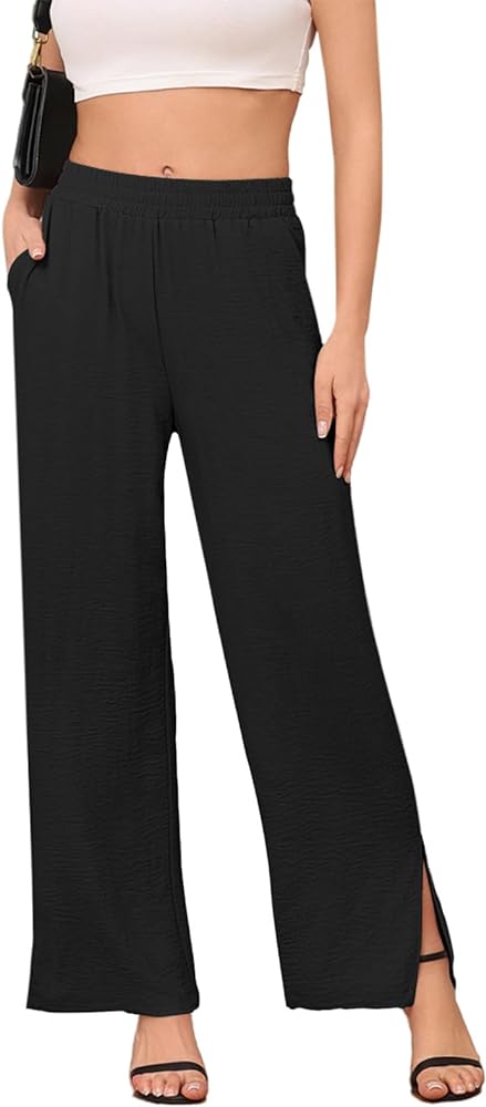 DILIUXING Women's Wide Leg Lounge Pants with Pockets Side Slits Lightweight High Waisted Loose Trouser