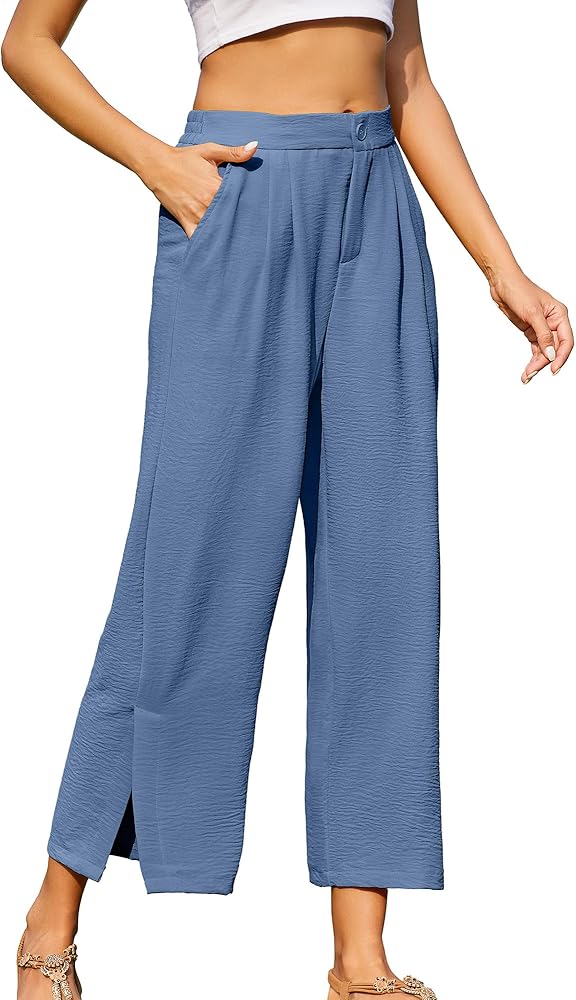 Summer Casual High Waisted Pants for Women Wide Leg Loose Capris Pants with Pockets (Blue Yonder, Medium)