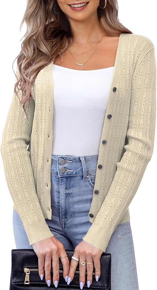 VOIANLIMO Women's Long Sleeve Knit V-Neck Casual Sweater Button Down Hollow Out Cropped Cardigan