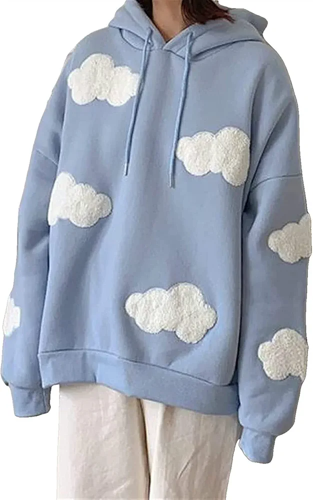 Cute Hoodies Sweatshirt Kawaii Hoodie Women's Harajuku Wind Loose Cloud Sweater Kawaii Vintage Loose Knitted Sweater (Color : Blue, Size : Medium)