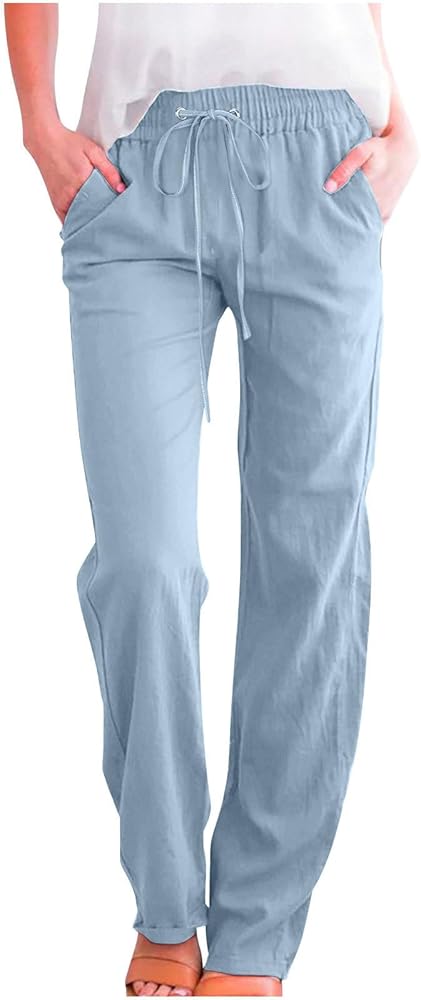 Linen Pants Women Straight Leg Elastic High Waisted Summer Pants Plus Lightweight Casual Tall Trousers with Pockets