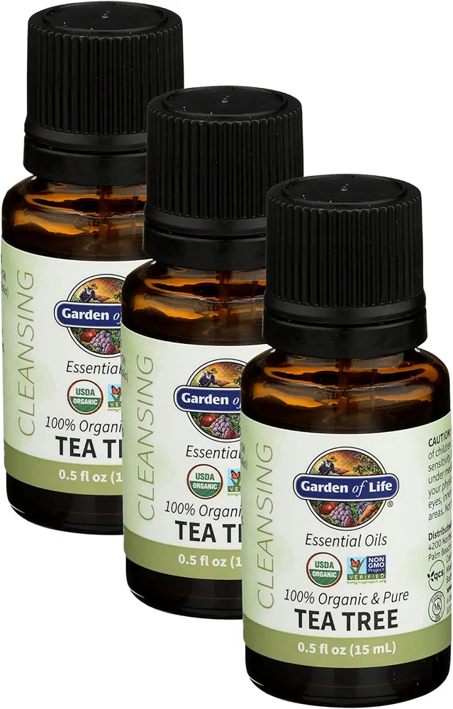 Garden of Life Essential Oil, Tea Tree 0.5 fl oz (15 mL), USDA Organic & Pure, Clean, Undiluted & Non-GMO - for Diffuser, Aromatherapy, Meditation - Cleansing, Refreshing, Purifying (Pack of 3)