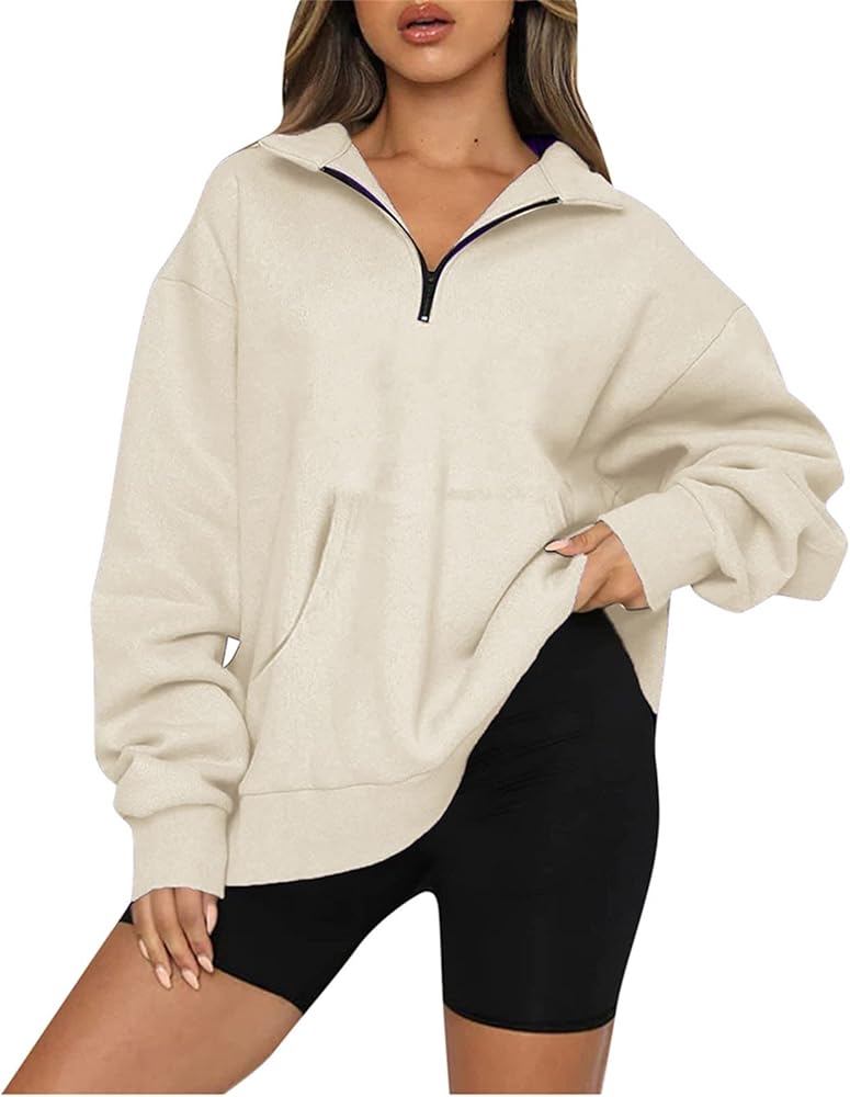 Women's Oversized Sweaters Long Sleeve Casual 1/4 Zip Up Pullover Tops Quarter Zipper Y2k Hoodie for Teen Girls 2023 Fall Fashion Aesthetic Clothes Plus Size Crewneck Sweatshirts(B Beige,Large)