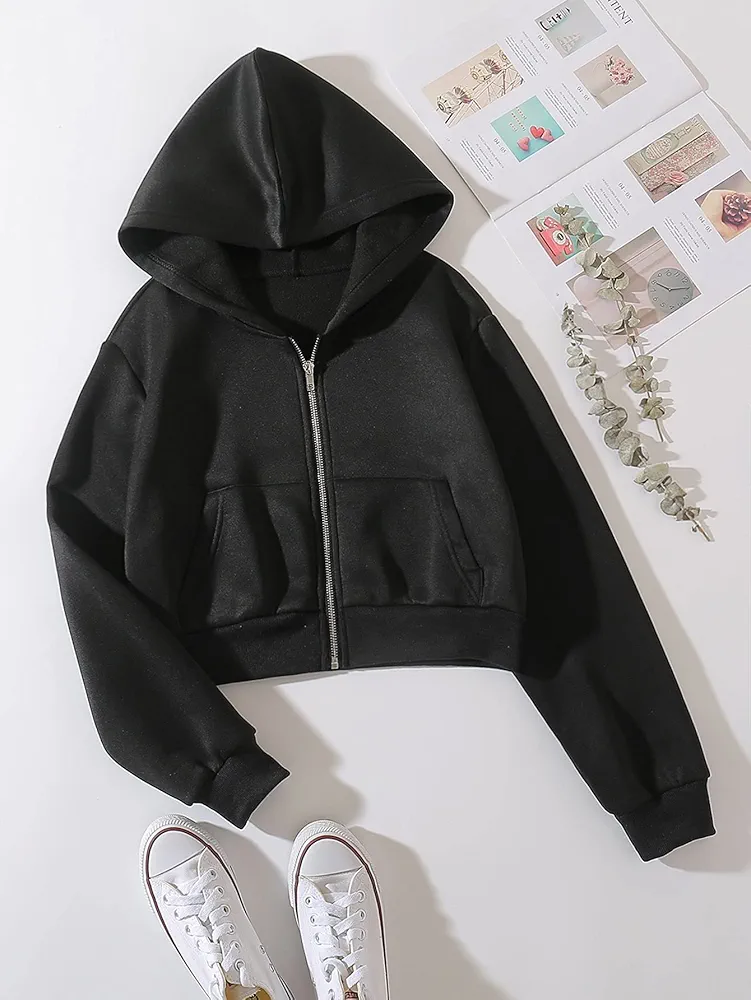 Women's Sweatshirt Sweatshirts Hoodies Solid Zip Up Drop Shoulder Crop Hoodie Warmth Beautiful Lovely Fashionable (Color : Black, Size : X-Small)