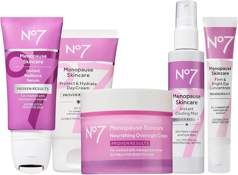 No7 Menopause Skincare Bundle - Includes Protect & Hydrate Day Cream, Instant Cooling Mist, Firm & Bright Eye Concentrate, Nourishing Overnight Cream, and Instant Radiance Serum - 5-Piece Bundle