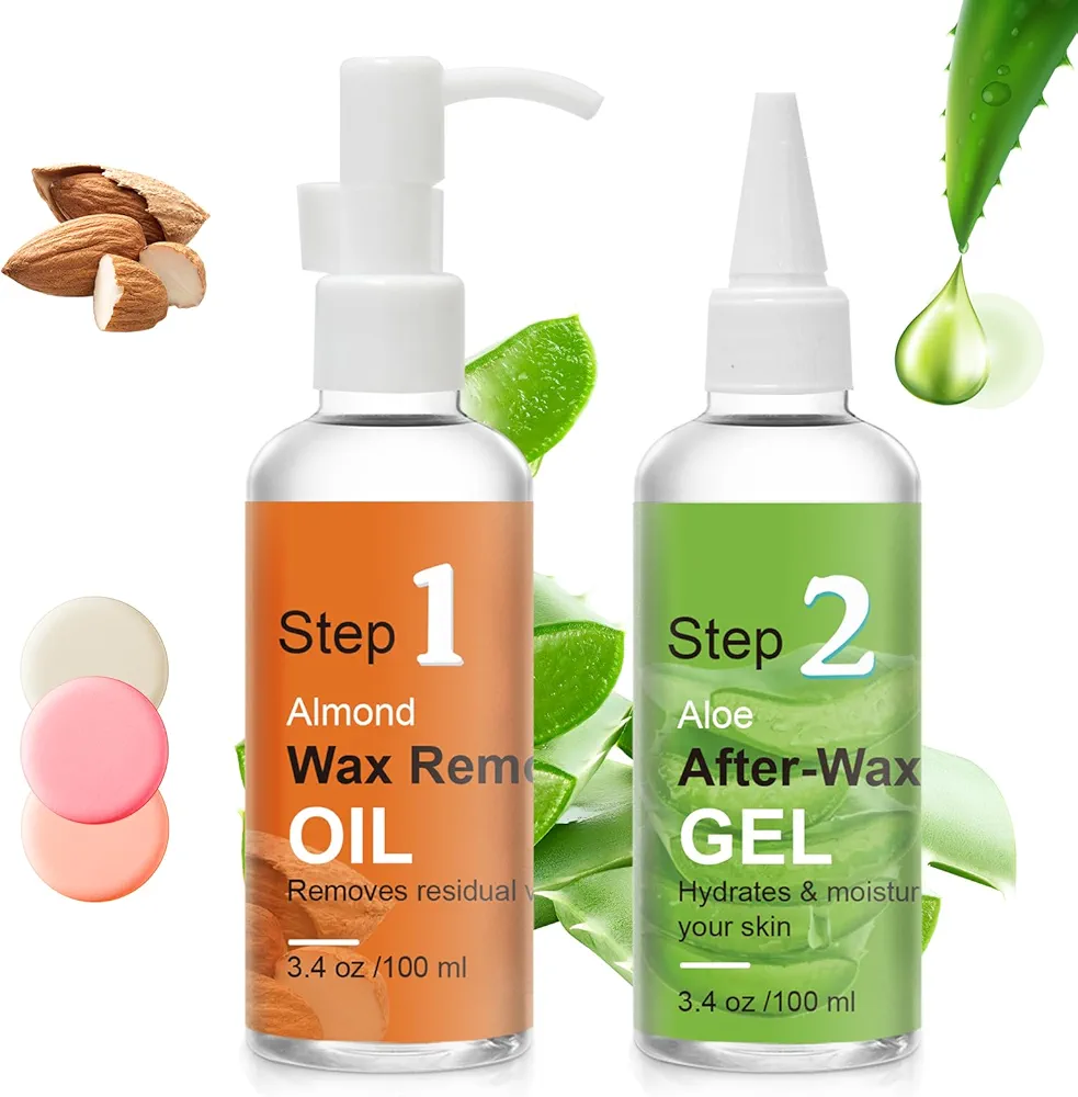 After Waxing Skin Care for Sensitive Skin, Almond Oil Wax Remover for Skin Post Wax Care, After Wax Treatment Aloe Vera Gel For Calm and Soothing Skin, 2 After Wax Care for Bikini Area, Each 4oz/100ml